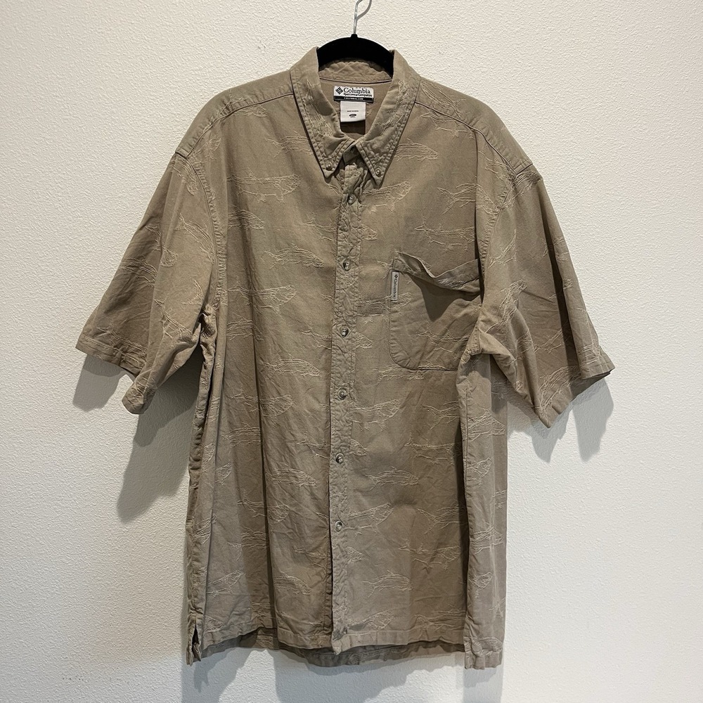 Men's Fishing Button Up Tshirt Plus Sz Xxl Beige Tan 100% Cotton Columbia Camp
